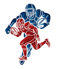 Group of American Football Sport Players Mix Action Jumping and Running Cartoon  Graphic Vector