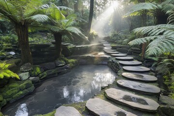 Serene Fern Gully with Stone Path and Pond Bathed in Sunlight Landscape Photography