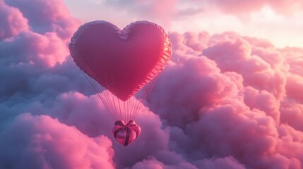Fototapeta premium A Box flying on a parachute with pink cloud in valentine day,package flying down from sky and cloud with parachute, concept for delivery service,shopping online,air delivery service.