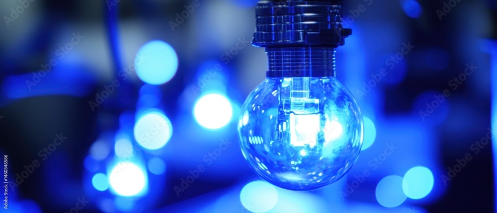 Leinwandbilder glowing blue lightbulb illuminating the dark background close up studio shot with bokeh effect and m