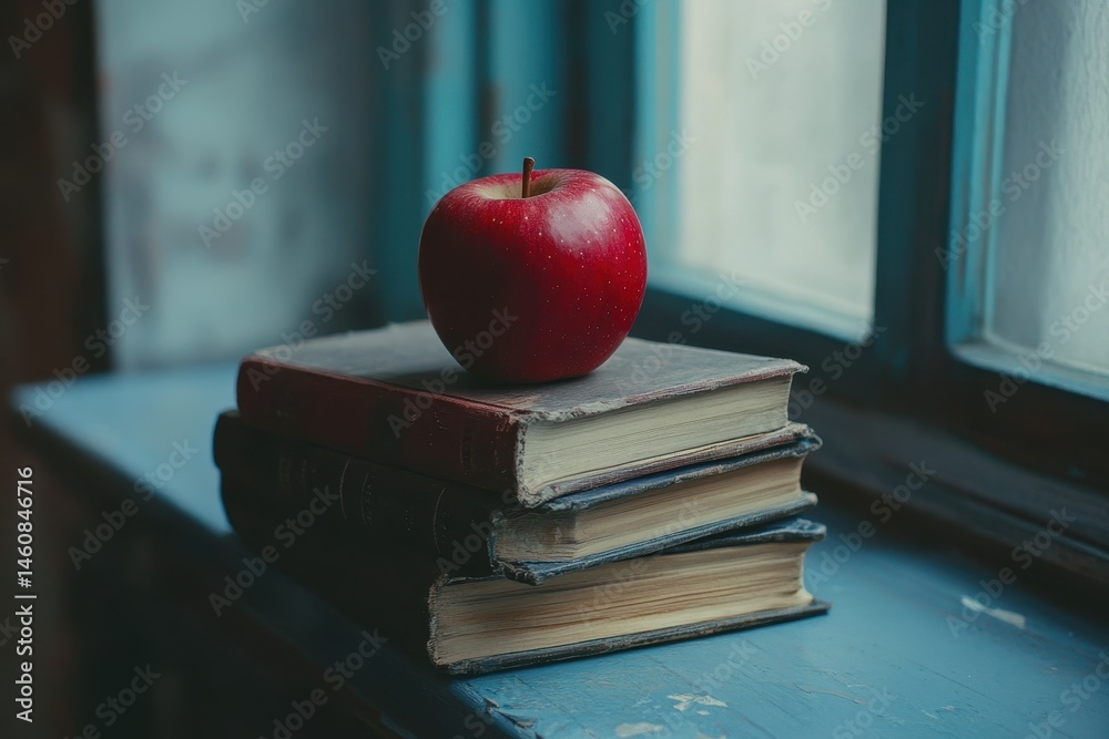 Poster still life of red apple resting on stack of old books by window in soft natural light close up study