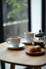Fototapeta premium Coffee Break Still Life Two Cups Espresso Coffee Pot and Pastries on Wooden Tabletop in Cafe Setting