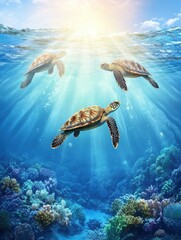 Three sea turtles swimming together in clear blue ocean water above a vibrant coral reef with sunlight streaming down from above