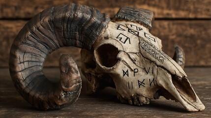 Ram skull with etched stylized Norse rune symbols