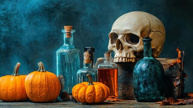 Still life display of skull, potion bottles, and pumpkins evoke a mysterious autumn atmosphere, Still life scene with skull, potion bottles, and pumpkins on moody, misty background