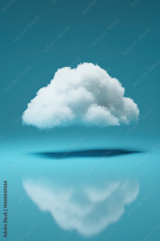 Poster fluffy white cloud hovers over a reflective surface in a studio setting against a teal background si