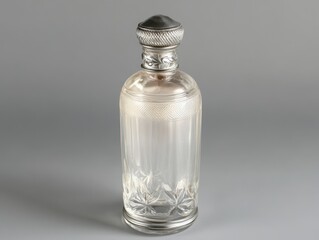 Antique glass bottle with silver accents studio shot against gray background elegant vintage container for perfume or essential oils