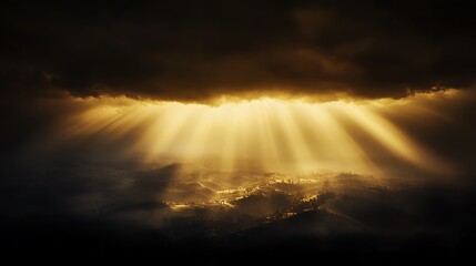 Fototapeta premium Golden light piercing a dark cloud cover.