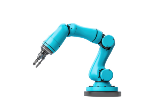 Turquoise robotic arm illustration on transparent background