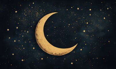 Fototapeta premium Black background with a golden crescent moon surrounded by small stars, minimalist celestial art, Generative AI