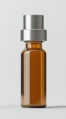 Amber Glass Bottle with Metal Cap Studio Shot Pharmaceutical Packaging Mockup Close Up Minimalist Style for Medicine or Essential Oil