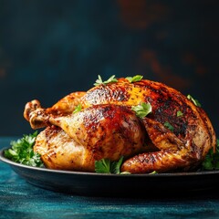 Roasted chicken with parsley garnish on platter studio shot for holiday meal preparation or dinner concept