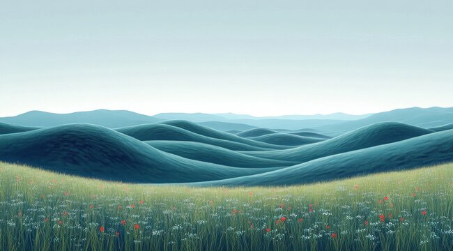 Serene, rolling hills covered in a soft teal hue.