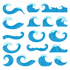 Set of blue water waves vector illustrations depicting ocean and sea waves perfect for graphic design and creative projects offering various shapes and styles