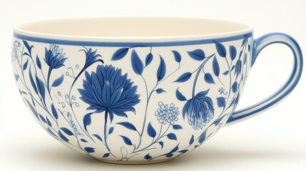 Floral Tea Cup Still Life Close Up Shot on White Background with Blue Flower Design and Handle Detail for Drinkware Collection