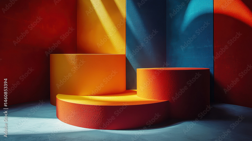 Poster a smooth 3d background features realistic 4k resolution with side angle view of colorful shapes, cre