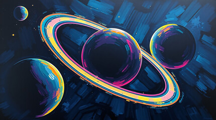 Expressive Neon Planet Painting with Vibrant Rings – Sci-Fi Art in Bold Brush Strokes and Cosmic Color Palette