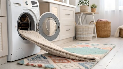 Washable rug in the washing machine. Laundry room setting with basket, cozy aesthetic.