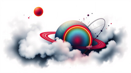 Surreal Rainbow Planet Floating in Space Clouds – Dreamlike Cosmic Scene with Rings, Orbits, and Vivid Color Fantasy