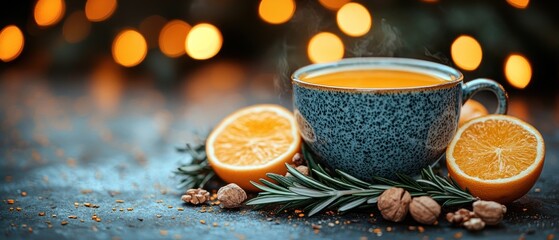 Warm beverage in a rustic cup, garnished with orange slices, rosemary, and walnuts. Cozy ambiance with bokeh background