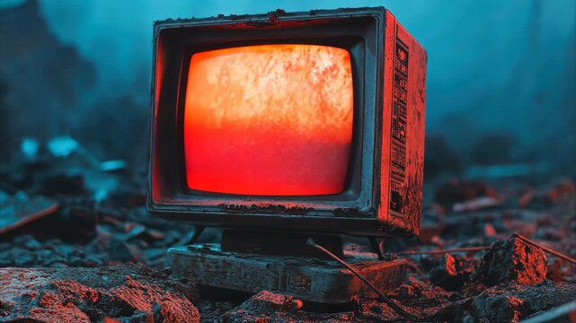 Signal lost on retro television in abandoned area with debris and eerie blue ambiance, Signal Lost Tech Problem Generic Error Screen