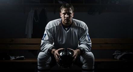 Man athlete hockey player sitting on bench locker room holding helmet after intense training session, dedicated to hockey and sport concept.