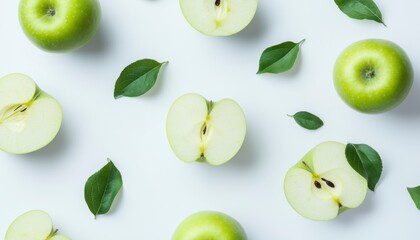 Fresh Green Apples with Leaves on a Light Background Arrangement