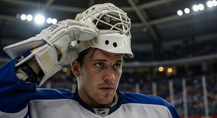 Serious male hockey goalie preparing for game, adjusting helmet with gloved hand. Intense focus on ice rink before match. Sport discipline, competition.