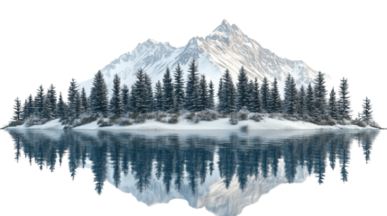 Serene winter scene featuring snow-covered mountains, evergreens, and mirrored water surface on isolated transparent backdrop