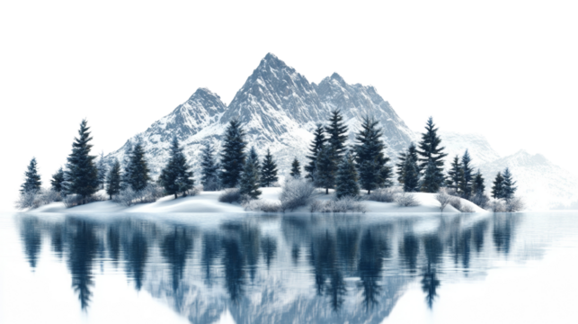 Serene winter landscape featuring snow-covered mountains and reflective lake scenery with isolated transparent background