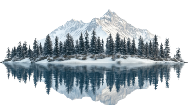Serene winter scene featuring snow-covered mountains, evergreens, and mirrored water surface on isolated transparent backdrop
