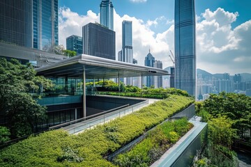 Naklejka premium Hong Kong cityscape view from green roof garden in central district showcasing sustainable architecture and urban design with modern buildings