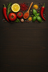 Spices and herbs on wooden background.