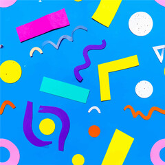 Vibrant and playful abstract background featuring colorful geometric shapes against a blue backdrop perfect for creative design projects and retro themed visuals