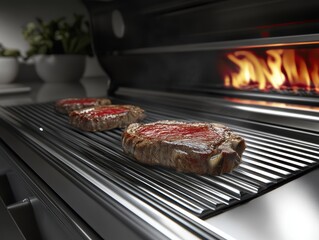Grilling Ribeye Steaks on Stainless Steel Grill with Flames in Background Close Up Food Photography