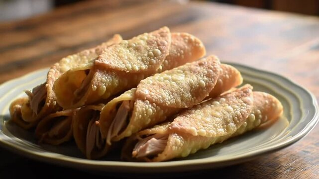 Golden Crispy Flautas De Pollo Stacked On Rustic Wooden Table Featuring Savory Chicken Filling in a Still Life Composition with Warm Tones and Natural Light