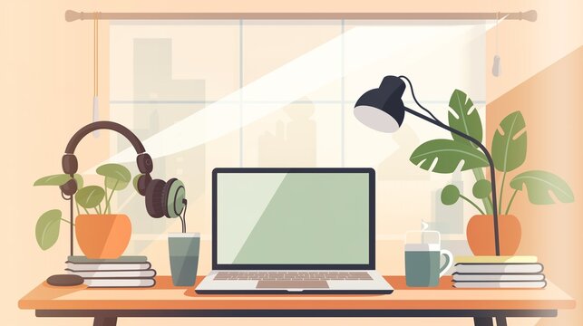 A business coach conducting an online webinar from a minimalist home office, with a microphone and laptop set up neatly.
