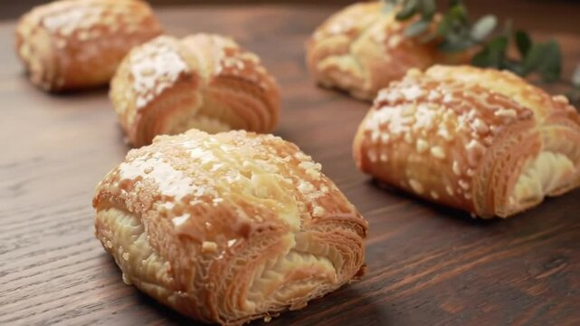 Golden Orejas de Pan Pastries Displayed on a Rich Brown Wooden Table Featuring Crisp Layers and Sugar Topping Adorned with Sprigs of Fresh Greenery