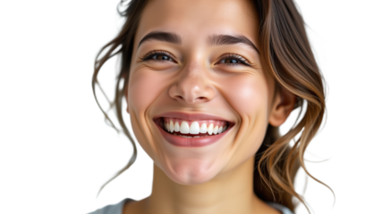 Confident young female Asian doctor smiling brightly, White background studio portrait composition, Professional symbol of trust and care, Modern image for health and education use