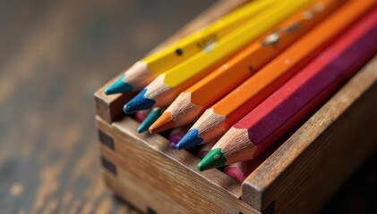 Fototapeta premium Assorted colored pencils in a wooden box, sharpened and ready for use , design, school supplies