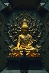 Obraz premium Golden buddha statue meditation spiritual peace zen buddhism religious art and man praying inside temple