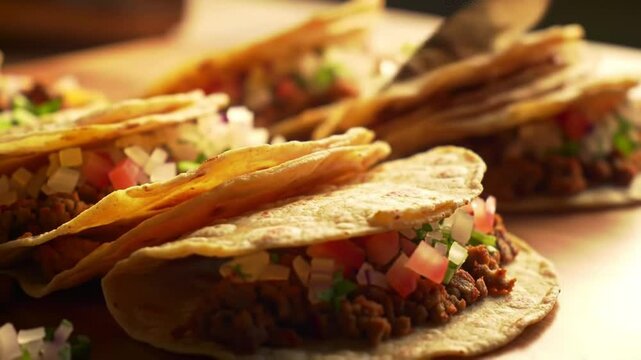 Golden Salbutes Topped with Fresh Vegetables and Savory Meat Displayed on a Textured Wooden Table in Warm Light Mexican Food Photography