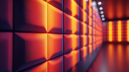 A realistic 4K 3D background shows a side angle view of sound analysis with orange and purple glowing panels creating an abstract futuristic design aesthetic.