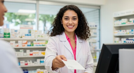 Pharmacist giving prescription to customer in pharmacy