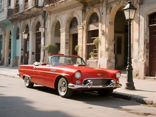 A vintage red convertible car is parked on a street in front of colorful, historic buildings, possibly in a place like Havana, Cuba.