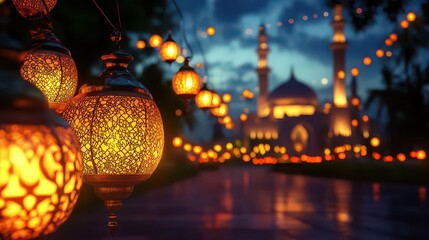 A beautiful Ramadan night with glowing lanterns and a peaceful mosque in the background