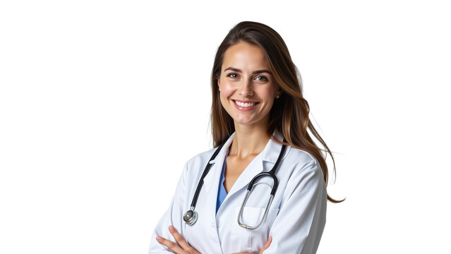 Thoughtful female doctor in profile view, Wearing stethoscope and white coat, Studio portrait on white background, Highlighting contemplation and dedication in healthcare