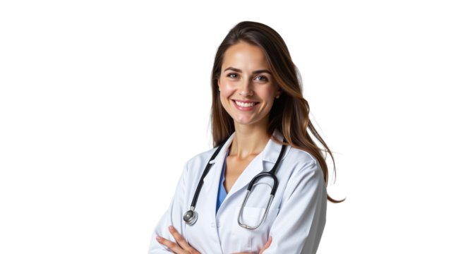 Thoughtful female doctor in profile view, Wearing stethoscope and white coat, Studio portrait on white background, Highlighting contemplation and dedication in healthcare