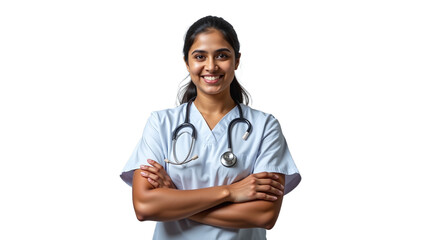 Young Indian woman medical student smiling, Studio shot with white background and lab coat, Portrait symbolizing healthcare education journey, Optimistic expression of future in medicine