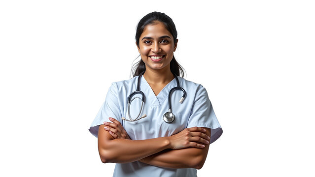 Young Indian woman medical student smiling, Studio shot with white background and lab coat, Portrait symbolizing healthcare education journey, Optimistic expression of future in medicine